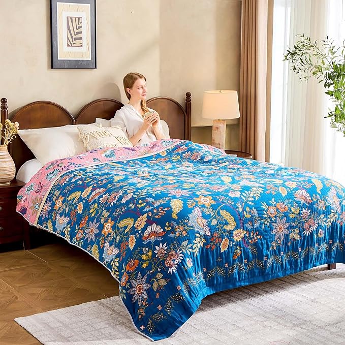 XIBLC Fall Throw Blanket for Couch, Blue Boho Decorative Throw Blanket, 100% Cotton Muslin Breathable Woven Farmhouse Blankets Quilt, 50"x60" Reversible Lightweight Blankets Bohemian Throw Quilt