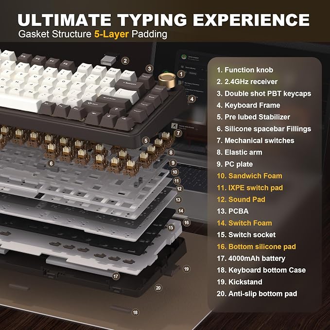 YUNZII B75 PRO 75% Wireless Mechanical Keyboard (Coffee Brown, Cocoa V2) | Hot Swap Keyboard with Knob, Gasket Mount, Creamy Pre-lubed Switch for Smooth Typing, BT/USB-C/2.4G, for Gaming