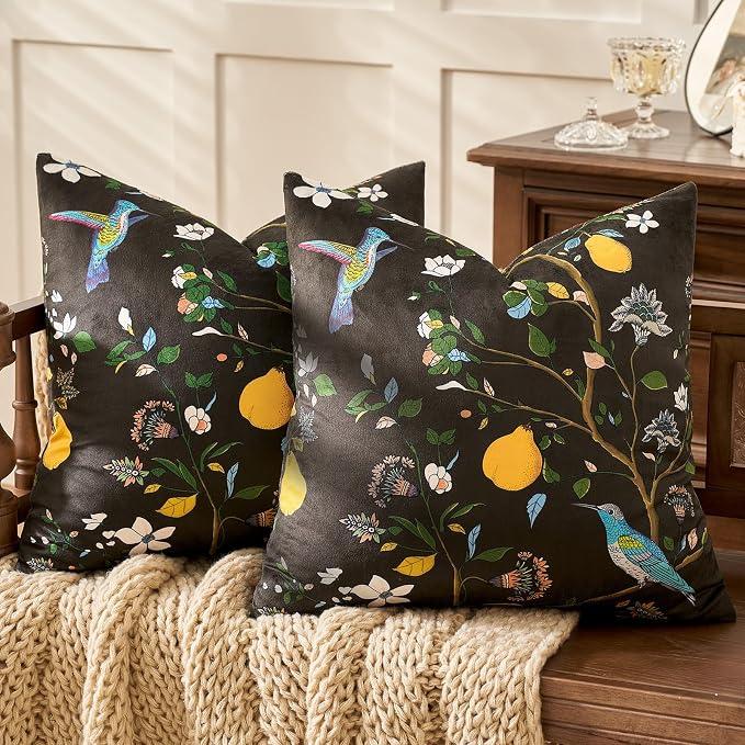 MUSSEL Brown Floral Vintage Decorative Pillow Covers 18x18 Set of 2 | Soft Velvet,Wild Flower Plant,Throw Pillows Case,Square,Colorful Farmhouse Cushion Covers,Home Sofa Bed Couch Decor
