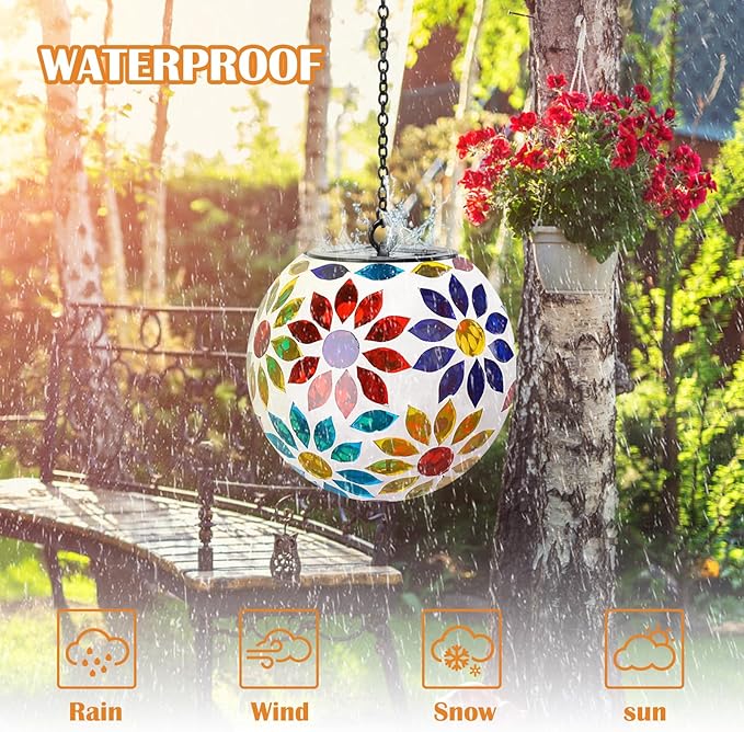 Solar Hanging Lantern Solar Outdoor Lanterns Mosaic Flower Outdoor Hanging Lights Outdoor Lights Waterproof Garden, Patio, Pathway & Yard Décor (Multi)