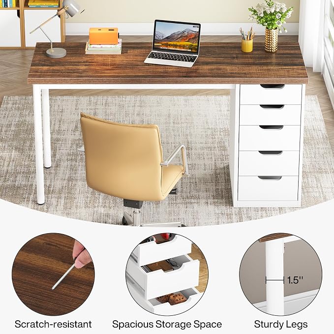 Tribesigns Computer Desk with 5 Drawers, 47 inches Rustic Brown Home Office Desk with Storage, Modern Simple Laptop Desk Study Writing Table for Small Spaces (1, Brown+White)