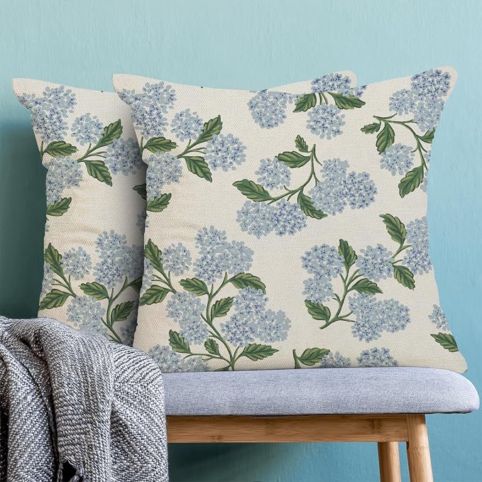 AEIOAE Spring Pillow Covers 24x24 Inch Set of 2, Green Blue Hydrangea Flower Throw Pillows Case,Floral Summer Outdoor Seasonal Decorative Farmhouse Decor Cushion Covers for Home Sofa Bed Couch