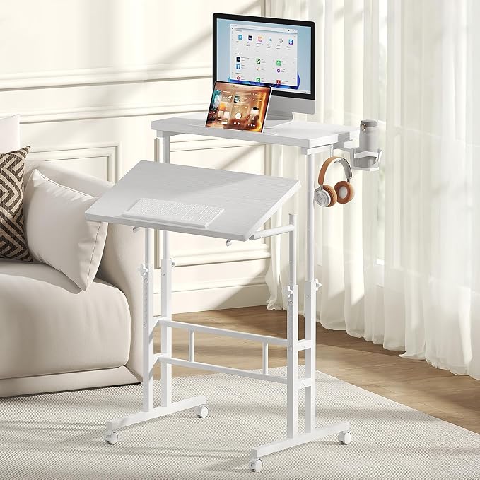 DUMOS Rolling Standing Desk, Sit Stand Desk, Computer Cart | Manual Height Adjustable, Split Top Mobile, Laptop Workstation, Portable Home Office, Walking Pad Study Surface, White