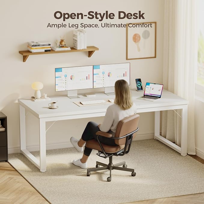 Mericonia 54 Inch Computer Desk with Power Outlets, 1.2" Thick Office Table | Modern Simple Style, Heavy Duty Industrial Frame, Study & Writing Table for Home Bedroom Work, White
