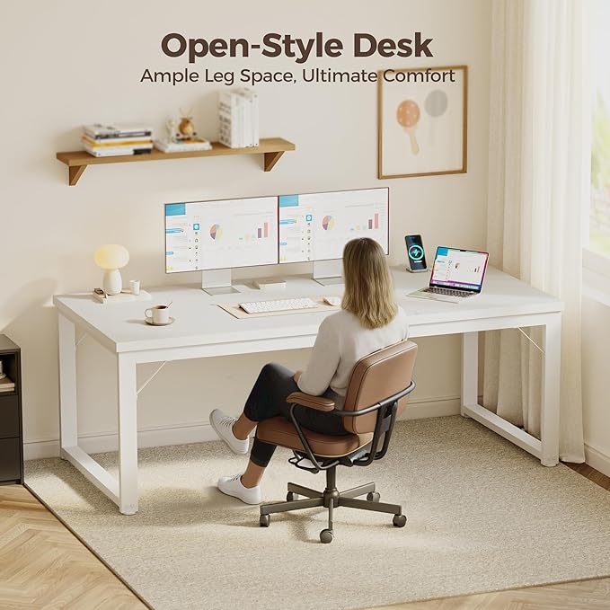 Mericonia 48 Inch Computer Desk with Power Outlets, 1.2" Thick Office Table | Modern Simple Style, Heavy Duty Industrial Frame, Small Study & Writing Table for Home Bedroom Work, White