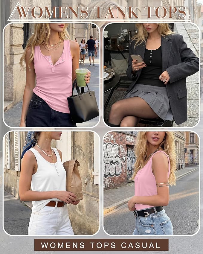 Ficerd 3 Pack Women's Henley Tank Tops Sleeveless Button Down Summer Shirts 2026 Casual Trendy Loose U Neck Tee Blouses