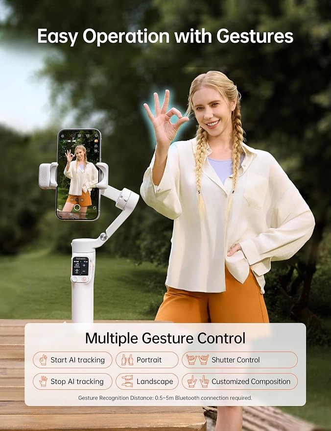 Hohem iSteady V3 Ultra Gimbal Stabilizer for Smartphone, AI Tracking Phone Gimbal, 1.22" Touchscreen Detachable Remote Control, Built-in Extension Rod & Tripod, 360�� Infinite Pan, Vlog Filming, White