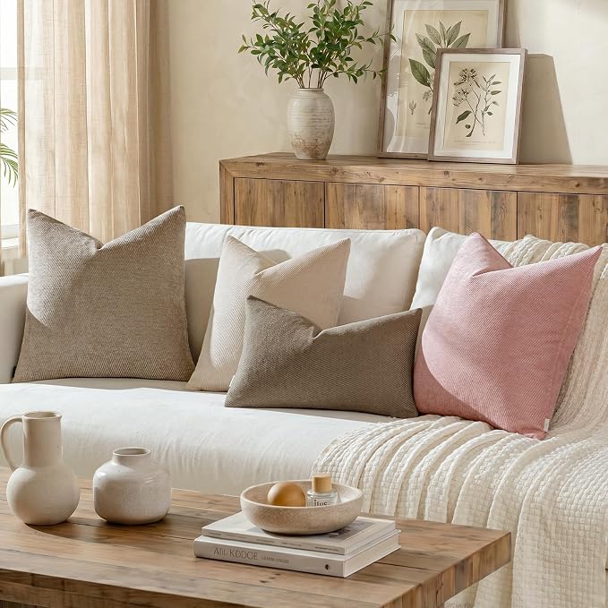 a moment Pack of 2 Decorative Chenille Throw Pillow Covers with Twill Cushion Covers for Sofa Living Room Couch Bed 18x18 Inch Light Brown