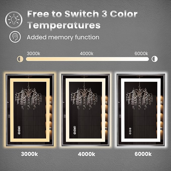 Amorho 60" X40" LED Bathroom Mirror, Brushed Nickel Framed Mirror with Front Light and Backlit, Stepless Dimmable, Anti-Fog, Shatter-Proof, Memory, 3 Colors