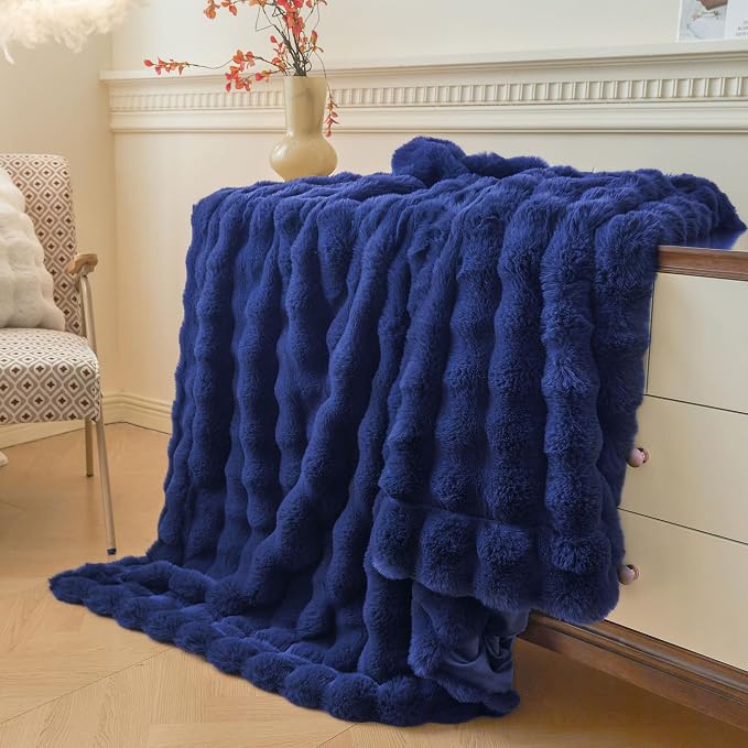LIFEREVO Luxury Fluffy Faux Rabbit Fur Throw Blanket 50x60, Navy Blue | Plush Bubble Blanket for Bed Couch Sofa Office, Decorative Soft Cute Royal Furry Lap Throw for Kids Teens Adults, Washable