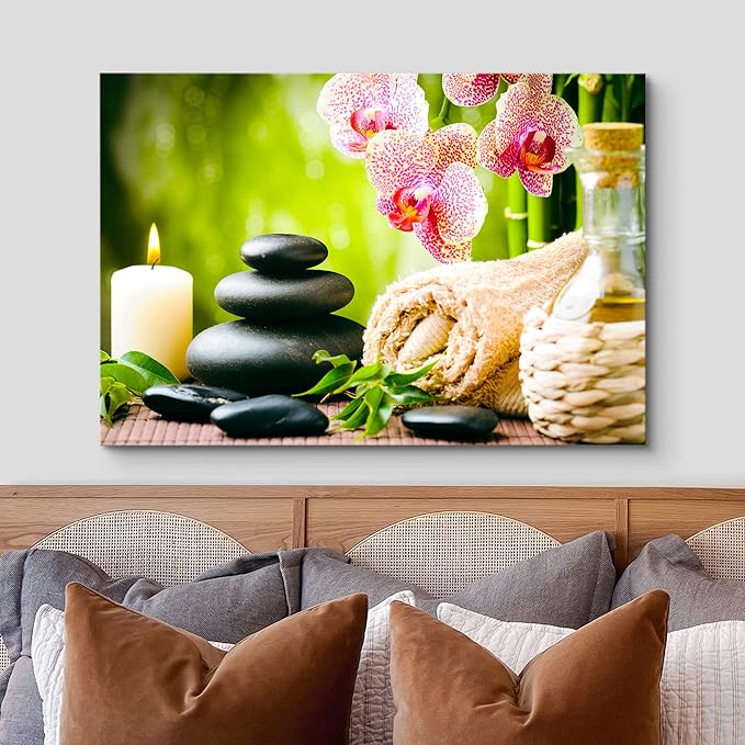 wall26 Canvas Print Wall Art Massage Stones Zen Pink Orchid Flower Plants Candles Nature Wilderness Photography Realism Rustic Landscape Colorful for Living Room, Bedroom, Bathroom, Office - 32"x48"