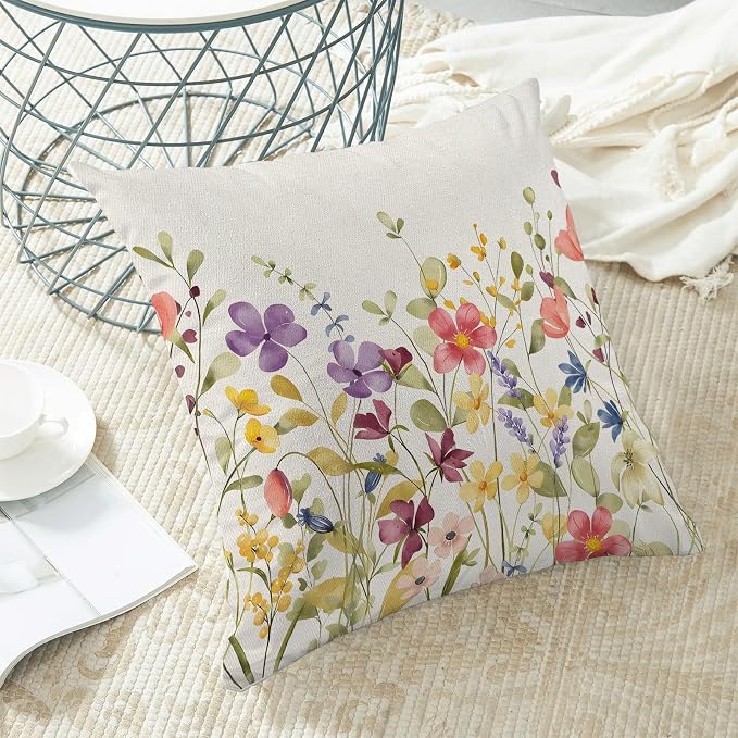 AEIOAE Spring Pillow Covers 18x18 Inch Set of 2, Colorful Wild Flower Leaves Plant Throw Pillows Case,Seasonal Floral Outdoor Decorative Farmhouse Decor Cushion Covers for Home Sofa Bed Couch
