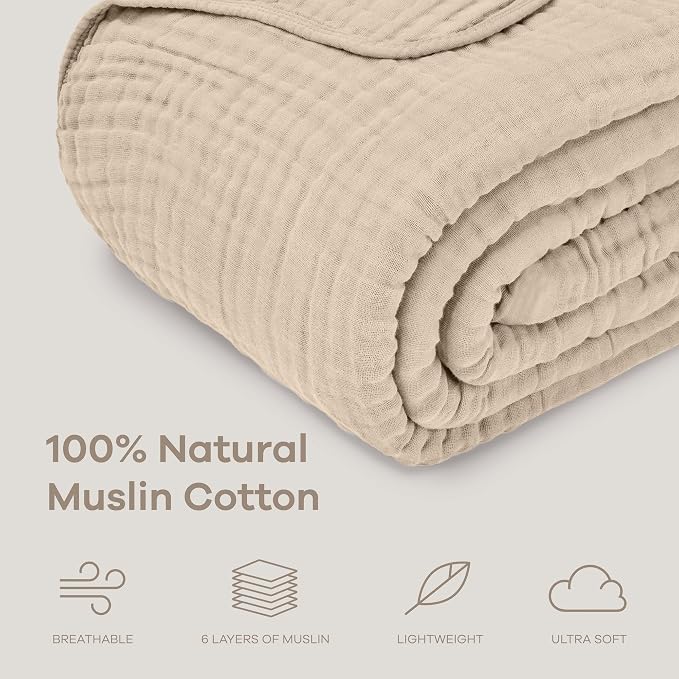 Comfy Cubs Adult Muslin Blanket 108x90” King Swaddle Blankets, Sand | 6 Layer Soft, Breathable & Lightweight Muslin Adult Blanket - Machine Washable & Designed in the US Bedding for All Seasons