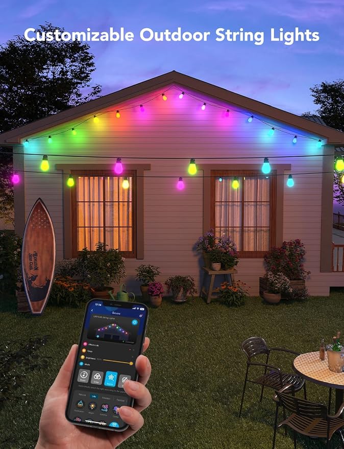 Govee Smart Outdoor String Lights H7029, 24ft RGBIC, IP65, 47 Scene Modes | 8 Dimmable LED Bulbs Outdoor Lights with Color Changing Warm White Lights for Patio, Backyard, App Control, Bluetooth