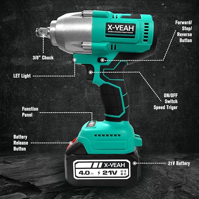 Impact Wrench - 1/2" Impact Gun, Power Impact Driver Max Torque 406 Ft-lbs(550N.m), Cordless Impact Wrench with 21V 4.0Ah Li-ion Battery & Charger,4 PCS Impact Sockets