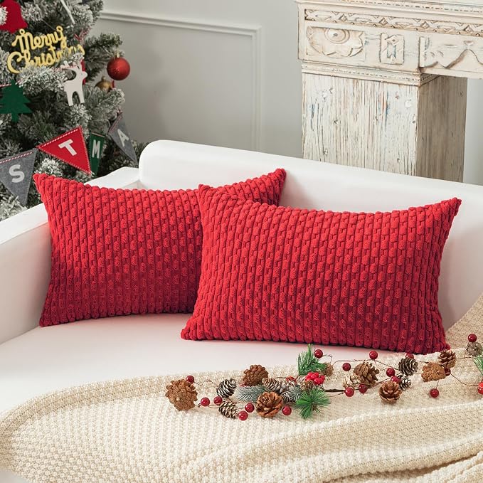 Kevin Textile Soft Corduroy 12"x24" Lumbar Pillow Cover 1 Pack, Red | Boho Stripe Plush Corduroy Decorative Oblong Cushion Cover Modern Farmhouse Home Decor for Sofa Couch Bed Chair