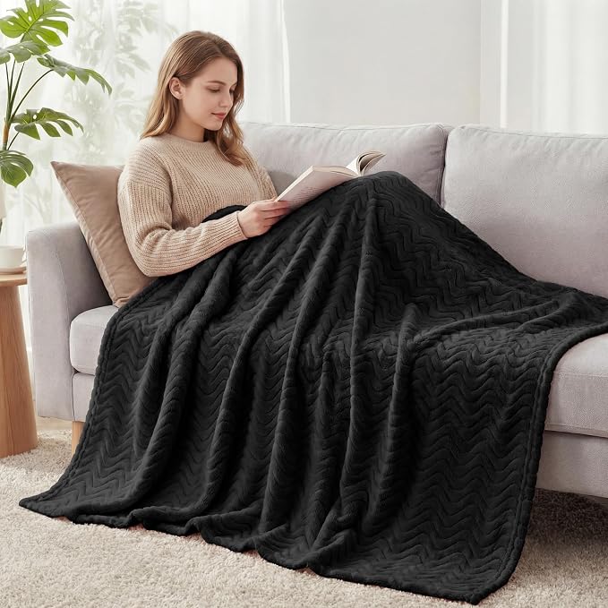 Exclusivo Mezcla Soft Fleece Blanket Queen Size for Bed, Sofa, Black | 90"x90" Breathable Lightweight Flannel Blanket for Summer, Plush Cozy Jacquard Wave for Home Decor