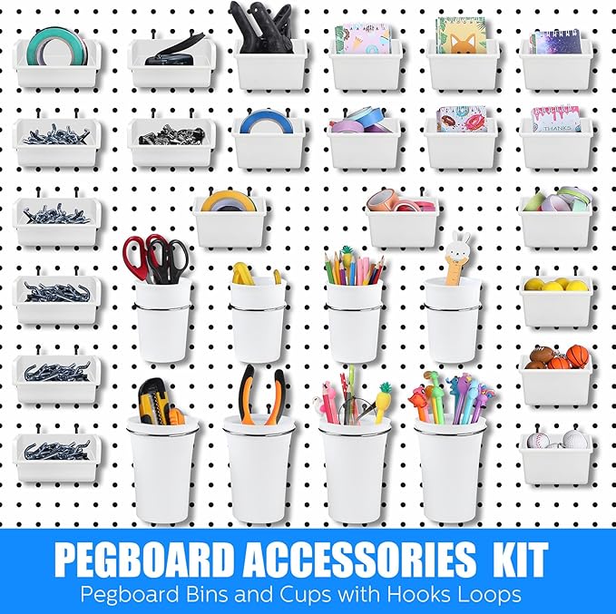 Sieral 64 Pieces Pegboard Bins Pegboard Cups with Hooks and Loops Peg Hooks Assortment Organizer Accessory for Organizing Accessories Tools Storage Office Workshop Garage Workbench (White)