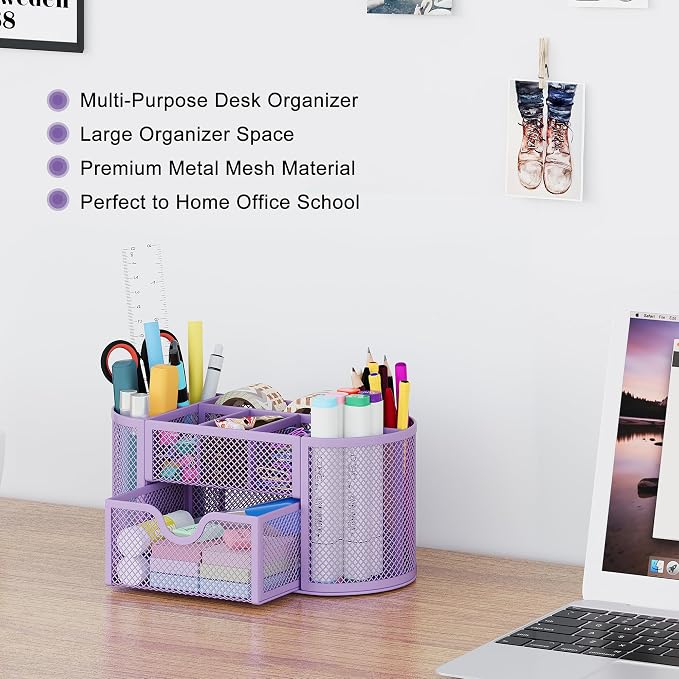 EasyPAG Mesh Pen Holder Desk Organizer with Drawer Stationery Supplies Organizer for Dorm School 9 Compartments Workspace Desk Accessories Organization for Office (Light Purple)