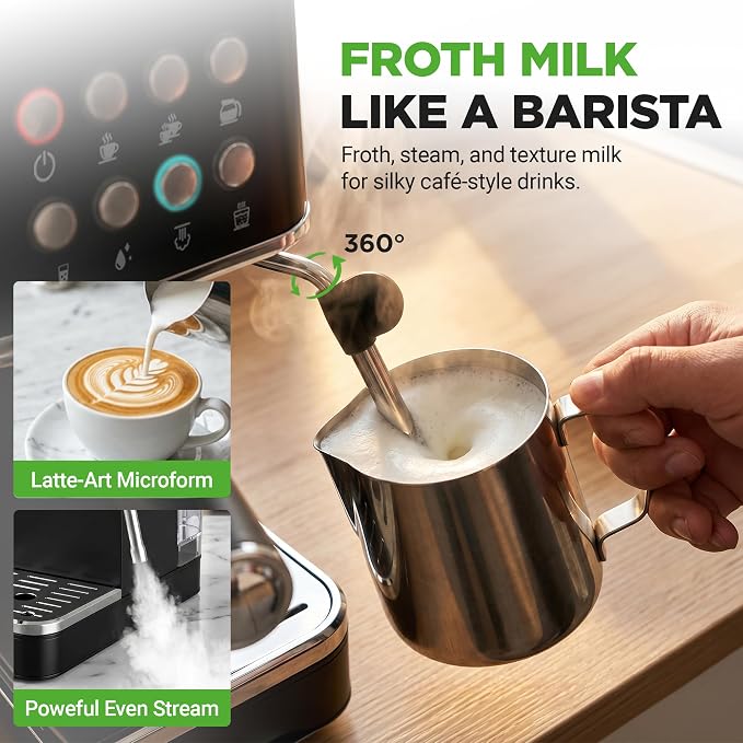 NutriChef 20-Bar Espresso Maker With Milk Frother | Removable 1.8 Quart Water Tank | Coffee Maker for Brewing Espresso, Cappuccino, Latte, Americano & Cold Brew Coffees | Black
