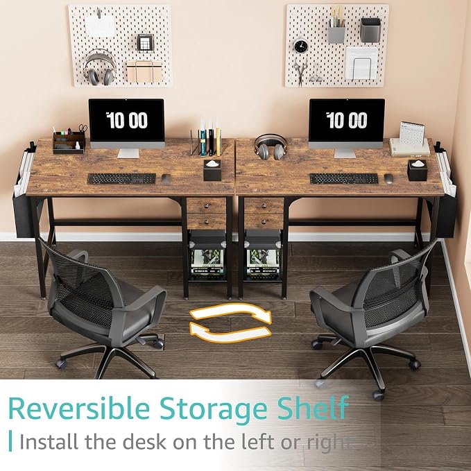 Lufeiya Computer Desk with Drawers - 40 Inch Work Reversible Small Desk for Bedroom Home Office, Simple Study Writing Table PC Desks with Drawer Storage Shelves, Rustic Brown