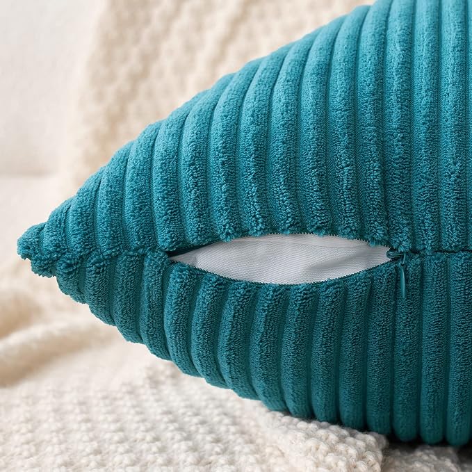 MIULEE Decorative Corduroy Throw Pillow Covers Set of 2 20x20 Teal | Soft Striped Textured Cushion Cases, Boho Coastal Square Pillowcases for Home Decor, for Couch Chair Sofa Bed Living Room