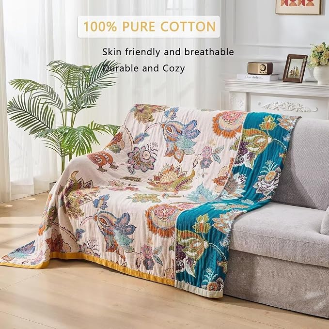 Boho Throw Blanket Farmhouse Decor Throw Blanket Bohemian Blanket for Bed 100% Cotton Muslin Woven Couch Blanket All Seasons Quilt Bedroom (B-Beige, 60"x80")