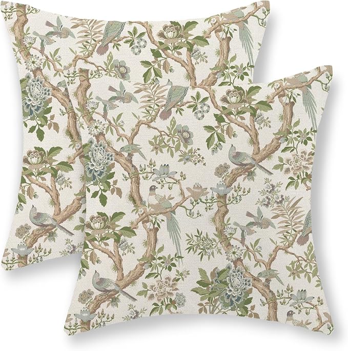 Green Floral Bird Pillow Covers 18x18 Set of 2 Chinoiserie Throw Pillows Green Vintage Flowers Bird Decorative Pillow Cases Outdoor Chinoiserie Decor Farmhouse Cushion Case for Couch Sofa