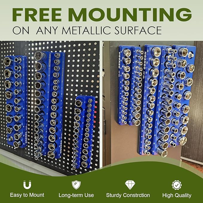Magnetic Socket Organizer Set, 3 Pcs Blue Metric Socket Tray Set for 1/4", 3/8", and 1/2" Sizes Drive, Socket Holder Holds 75 Sockets for Tool Box