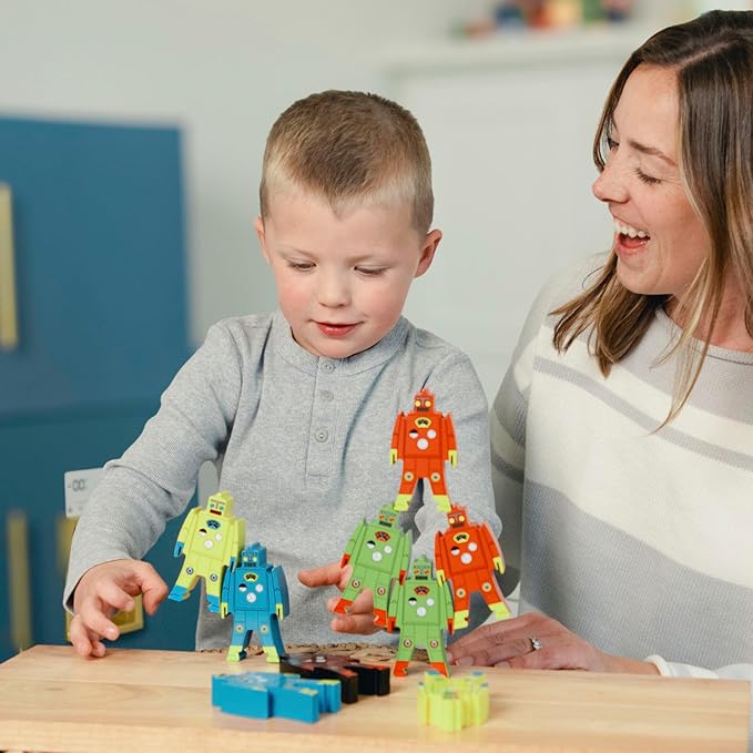 Schylling Stacking Robots - Colorful Wooden Stacking Toy for Kids - 9 pcs. Fun Puzzle for Balancing and Imaginative Play - Ages 3 and Up