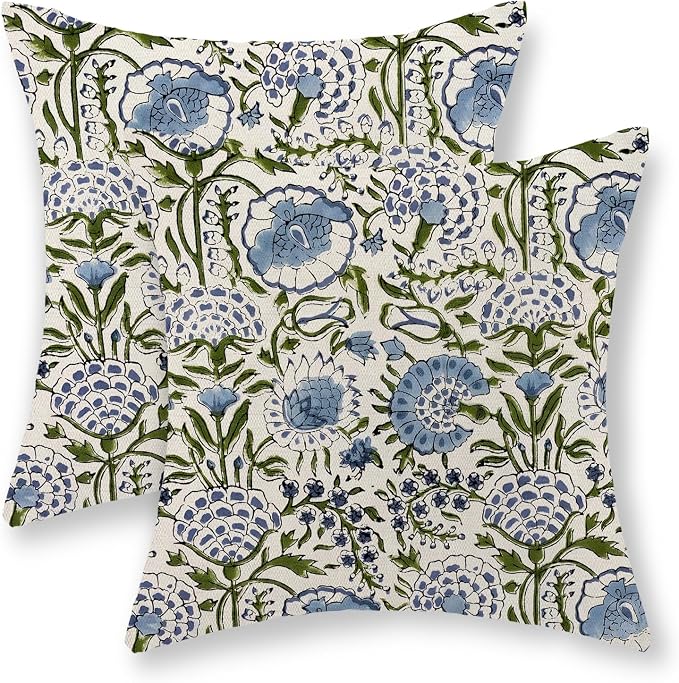 Boho Navy Blue Pillow Covers 18x18 Inch Set of 2 Blue Sage Green Floral Throw Pillows Vintage Flower Outdoor Decorative Pillow Cases Farmhouse Linen Cushion Cover Decor for Couch Sofa Decor