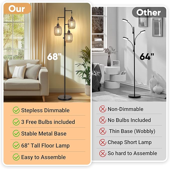 ROTTOGOON Dimmable Boho Floor Lamp - 3 Light Farmhouse Rattan Floor Lamp for Living Room, Industrial Tree Floor Lamps with 3 X 6W LED Bulbs, Rustic Standing Tall Lamp for Bedroom, 68", Black + Gray