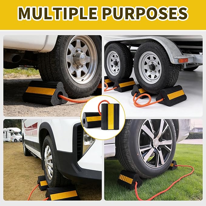 Wheel Chocks for RV Trailer 1 Pair with Rope & Reflective Strips Rubber Wheel Chocks Heavy Duty Tire Stopper for Camper, Truck, Car, Travel Trailer