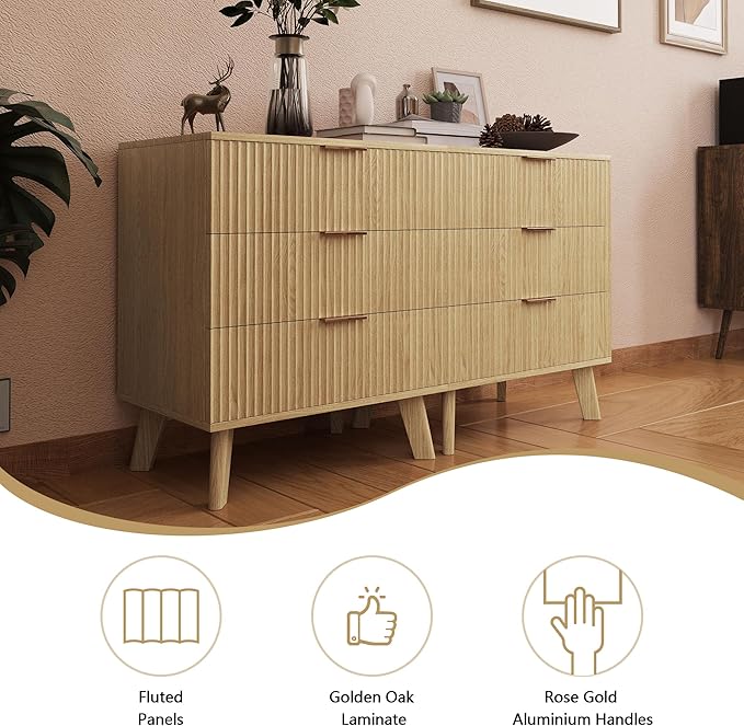 Fluted 3 Drawer Dressers, Modern Closet Dressers Chest of Drawers, Wood Storage Dresser Chest of Drawers Organizer for Bedroom Living Room Hallway Closet(Natural)