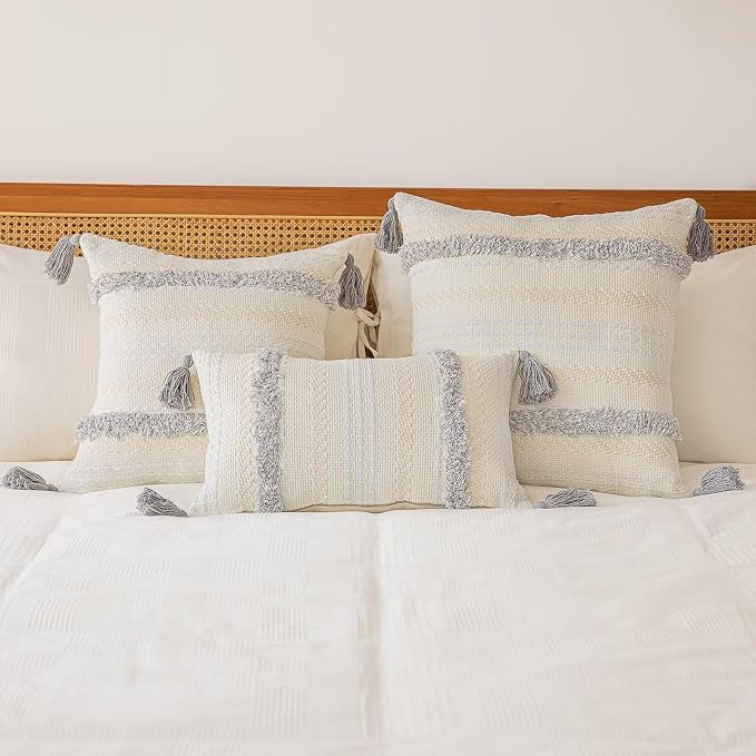 BUIOVBEY Boho Throw Pillow Covers Woven Tufted Pillow Cases with Tassels | Farmhouse Pillow Covers 18x18 Set of 2 Textured Striped Cushion Case Neutral Decorative Pillowcase for Sofa Couch Light Grey