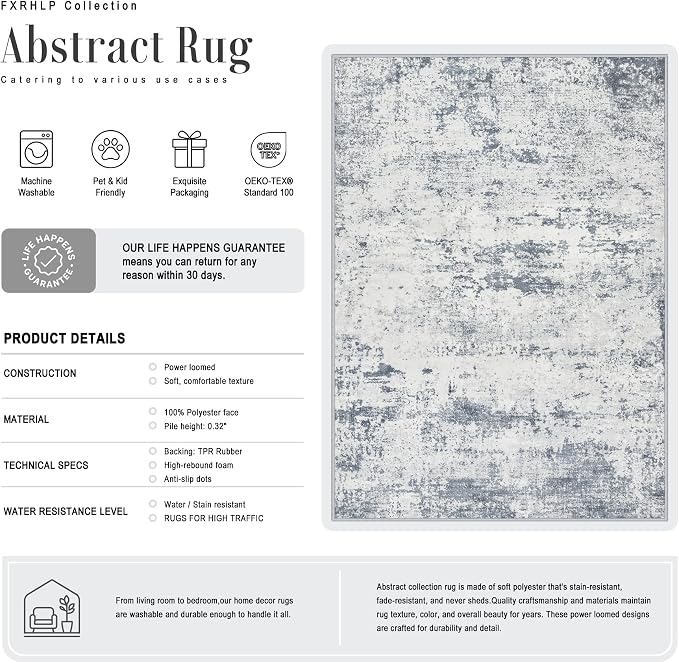9x12 Area Rug Living Room Rug: Washable Modern Abstract Soft Thin Rug Indoor Floor No Slip Carpet for Bedroom Dining Room Farmhouse Nursery Home Office - Blue Grey