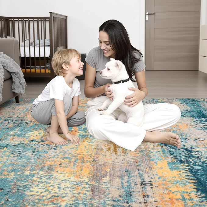 5x7 Area Rug Living Room Rug: Washable Modern Abstract Soft Thin Rug Indoor Floor No Slip Carpet for Bedroom Dining Room Farmhouse Nursery Home Office - Rosy Haze