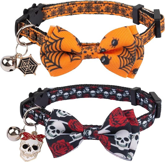 ADOGGYGO Halloween Cat Collars with Bow Bell, Breakaway Kitten Bowtie Collar Spider Web Skull Halloween Collars for Girl Boy Cats Kittens
