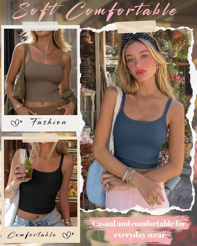 Ficerd 3 Pack Women's Tank Tops 95% Cotton Spaghetti Strap Ribbed Crop Camisole Slim Fitted Basic Summer Sleeveless Layer