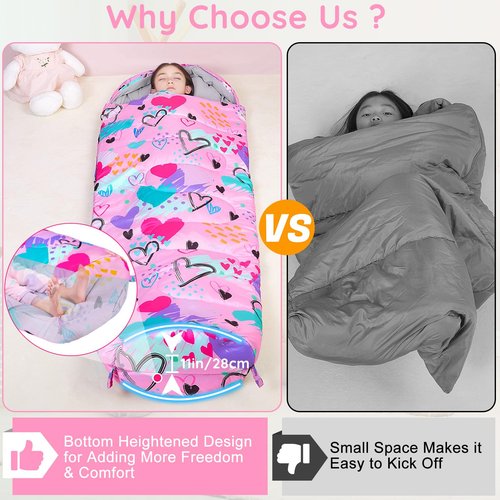 FIOBEE Kids Sleeping Bag for Girls Boys 3 Season Warm & Cool Weather 41-60.8℉ Camping Sleeping Bags with Backpacking Bag for Traveling Hiking Indoor Outdoor Camping Essentials Gear, Pink Love