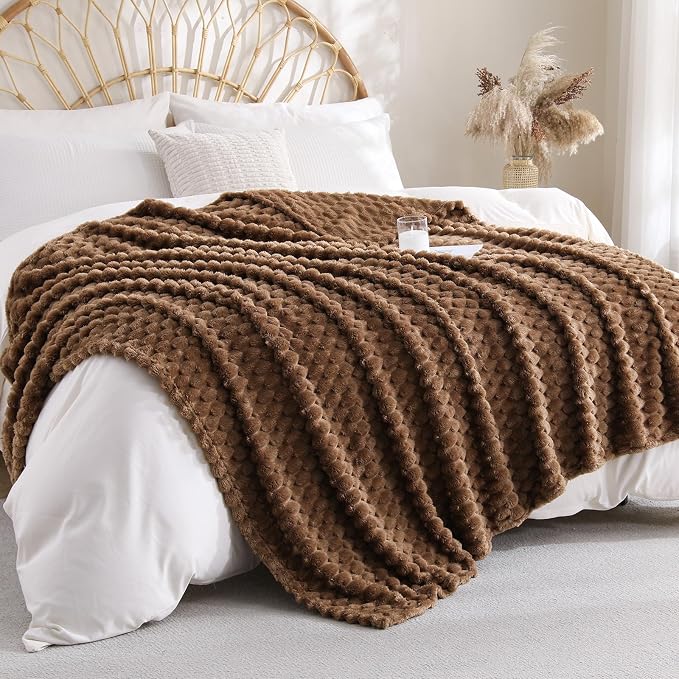 Brown Fleece Throw Blanket 60”×80” for Couch Sofa Bed Super Soft Cozy Plush Microfiber Flannel Blanket with 3D Jacquard Decorative Lightweight for Mom Woman