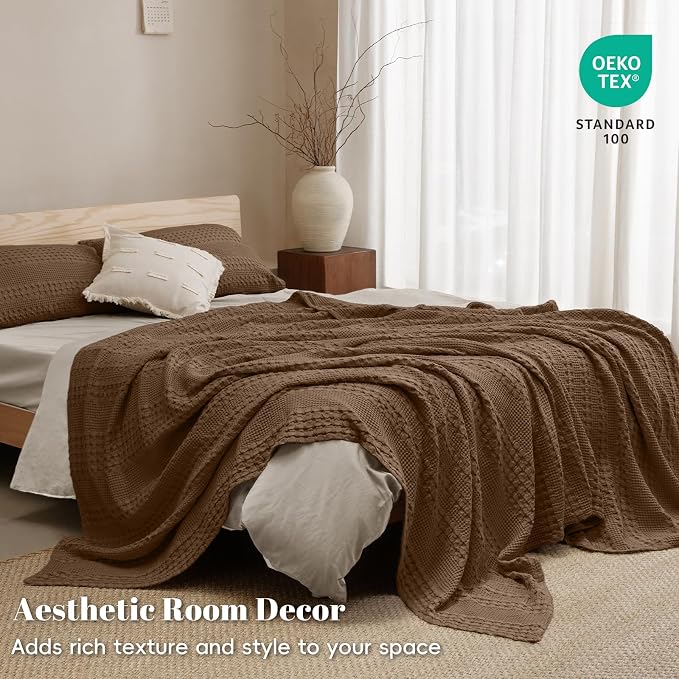 PHF 100% Cotton Waffle Blanket Twin Size, Lightweight Breathable Summer Blanket for Hot Sleepers, Pre-Washed Soft Layer for Bed, Dorm, Couch & Guest Room, Home Decor Gift, 66"x90", Chocolate