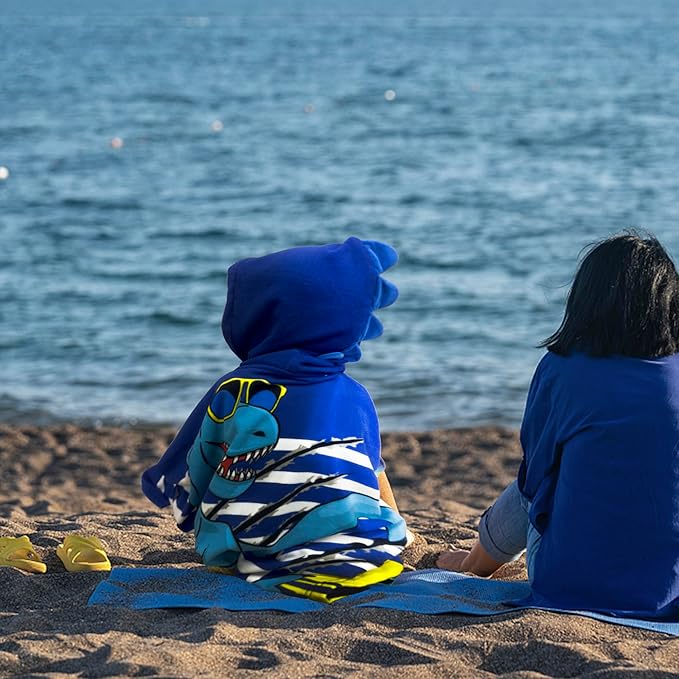 Hooded Kids Beach Towels - Toddler Bath Towel Girls Boys Swim Cover-ups for Ages 4 to 10 Kids Pool Towels Quick Dry Lightweight Soft Microfiber Poncho 30x30 with Bag (Navy Dinosaur)