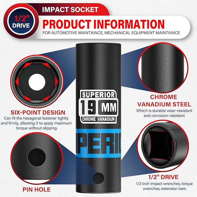 1/2" Drive Impact Socket, 19 mm Deep Socket, Metric, 6 Point, CR-V, for Automotive Maintaince, Mechanical Equipment Maintaince