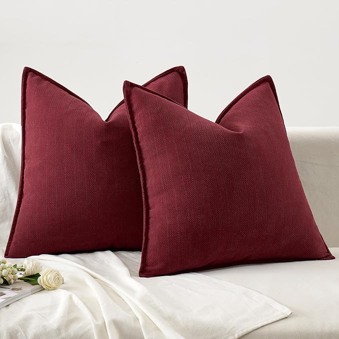 MIULEE Pack of 2 Burgundy Decorative Chenille Pillow Covers 20x20 Inch | Soft Couch Throw Pillows,Farmhouse Cushion Covers with Elegant Design for Sofa,Bedroom,Living Room,Spring Home Decor