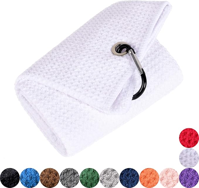 Mile High Life Microfiber Waffle Pattern Golf Towel | Club Groove Cleaner Brush | Foldable Divot Tool with Magnetic Ball Marker (White Towel/Brush/Fish Divot)