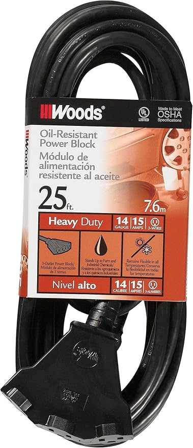Southwire AgriPro Medium Duty Extension Cord - 14/3 Gauge - Tri-Tap Outlets - Water Resistant Vinyl Jacket - Flexible All-Weather Cord - UL Listed - 25 Foot