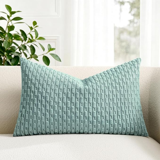 Kevin Textile Soft Corduroy 14"x22" Lumbar Pillow Cover 1 Pack, Dusty Green | Boho Stripe Plush Corduroy Decorative Oblong Cushion Cover Modern Farmhouse Home Decor for Sofa Couch Bed Chair