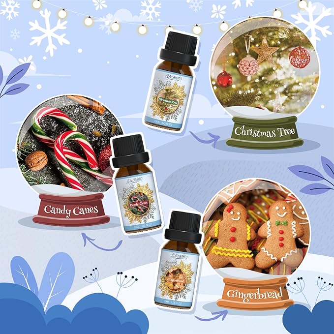 SALUBRITO Winter Fragrance Oils Set, Holiday Essential Oils for Diffuser, Candle, Soap Making - Christmas Tree, Cinnamon, Gingerbread, Candy Cane, Spiced Cider, Sugar Cookies Scented Oil