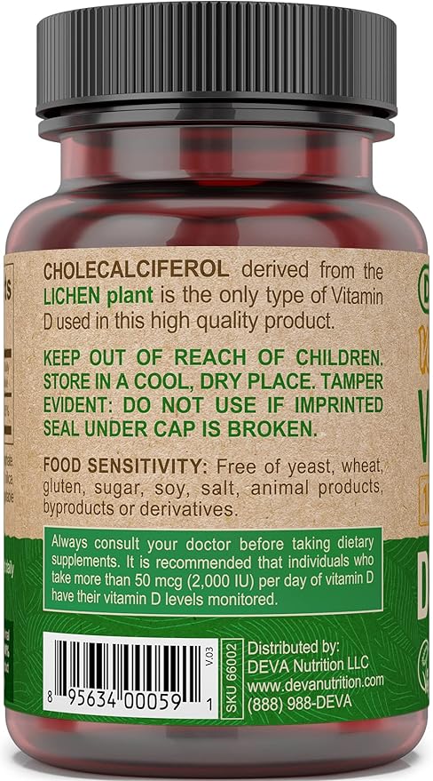 DEVA Vegan Vitamin D3 Supplement - Once-Per-Day Tablet with 1000 IU - Cholecalciferol - Lichen Plant Derived - 90 Small Tablets, 2-Pack